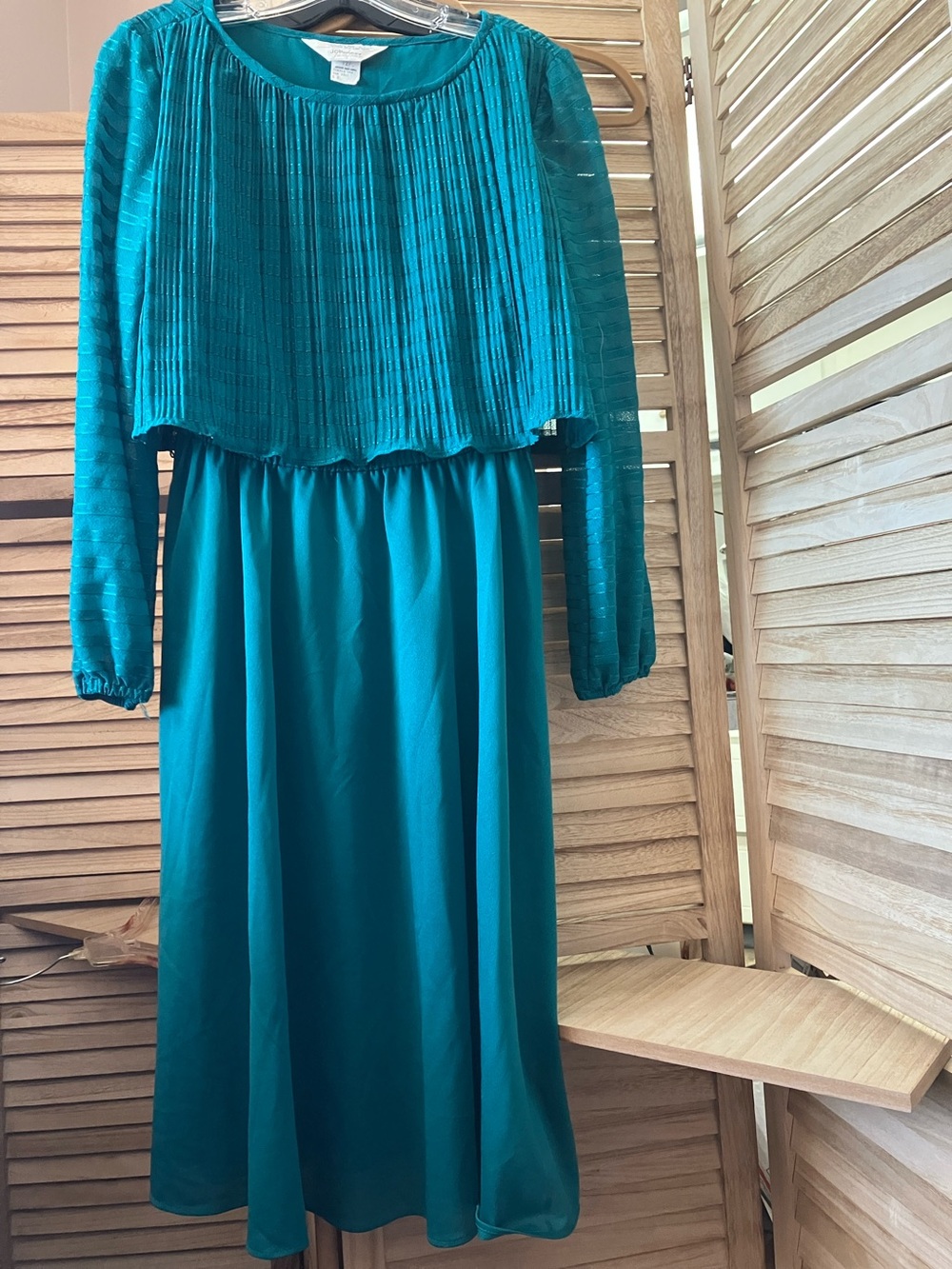 jcpenney Green Long Sleeve Vintage Pleated Overlay Dress 12P